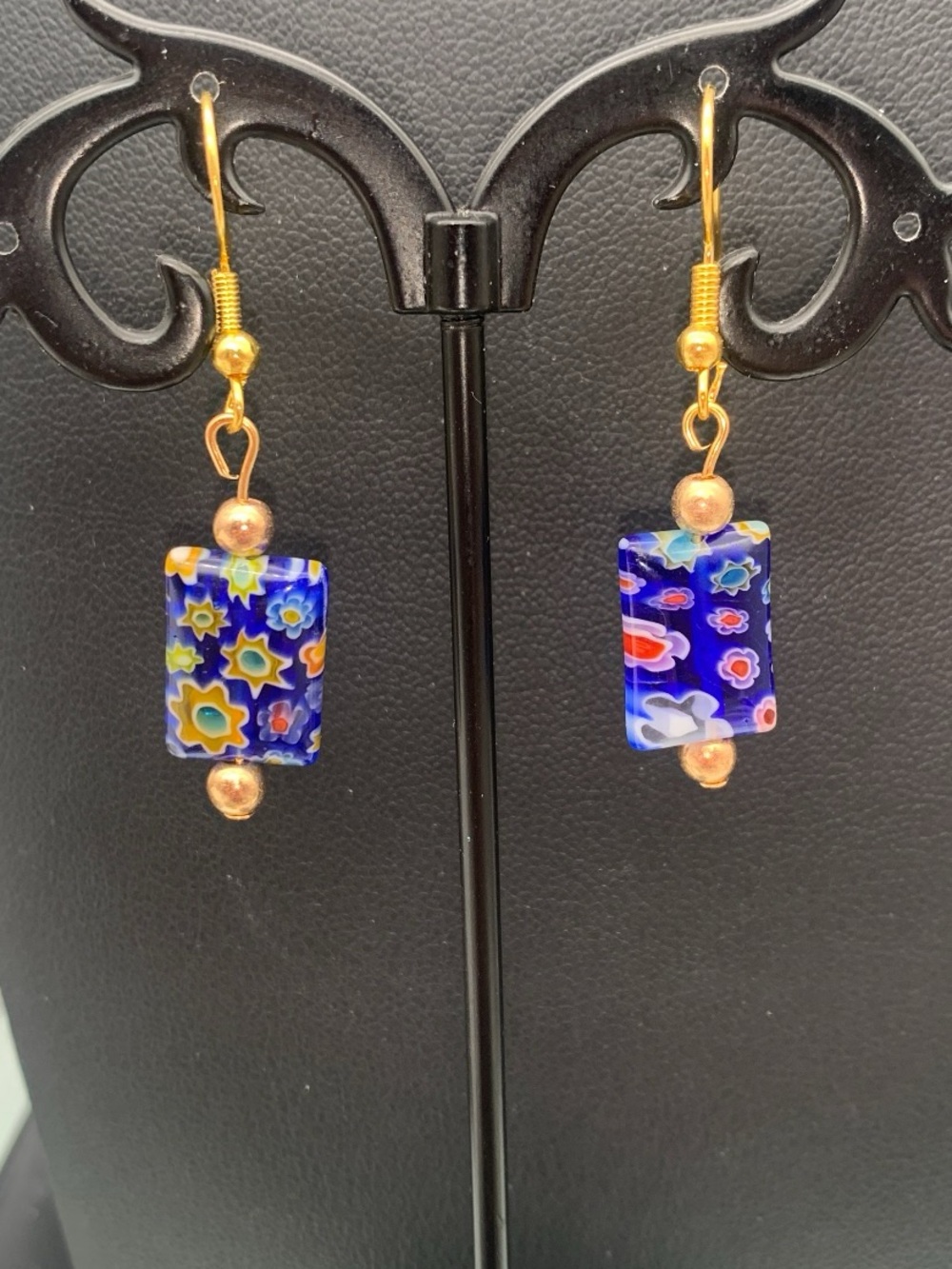 Gold Tone Blue Millefiori Glass Drop Earrings - Unbranded